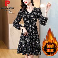 皮爾卡丹（pierre cardin）法式V領(lǐng)碎花雪紡連衣裙女士裝秋季新款時(shí)尚氣質(zhì)收腰顯瘦打底裙子 黑色加絨《高級感時(shí)尚氣質(zhì)時(shí)髦洋 S 80-95斤