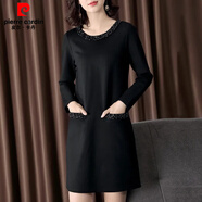 皮爾卡丹（pierre cardin）高端大碼女裝2025春秋新款微胖顯瘦直筒連衣裙減齡洋氣釘珠設(shè)計(jì) 黑色 高端氣質(zhì) 2XL 130-150斤