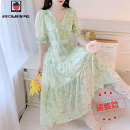 AEMAPE雪紡仙女長(zhǎng)裙子夏季新款法式v領(lǐng)度假風(fēng)碎花顯瘦氣質(zhì)短袖連衣裙女 綠色【連衣裙】 XL 建議120-135斤
