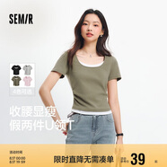 森馬（Semir）短袖t恤女短款假兩件百搭上衣25夏裝顯瘦U領(lǐng)套頭衫109325100015