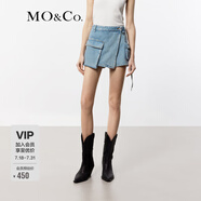 MO&Co.牛仔裙褲夏做舊雪花淺藍低腰斜裹式工裝口袋短褲摩安珂 牛仔淺藍色 S 26