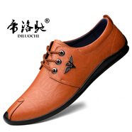 帝洛馳（DILUOCHI）秋真皮休閑皮鞋男頭層牛皮豆豆鞋棕色小碼3646碼潮流樂(lè )福鞋軟皮鞋 淺棕 36 (230mm) 皮鞋碼
