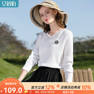 艾蓓怡（I BELIEVE YOU）白色山茶花V領(lǐng)長袖t恤女2025春季新款正肩洋氣質(zhì)上衣小衫顯瘦漂亮 茉莉白 M