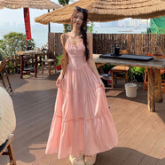 UKMR美式粉色長款連衣裙女夏季新款設計感褶皺吊帶裙海邊收腰A字裙子 浪漫假日淡粉色【原版品質(zhì)】 M 【建議90-100斤】