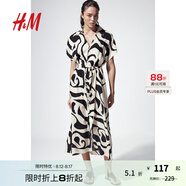 H&M女裝花卉連衣裙秋季通勤氣質(zhì)腰部系帶襯衫式短袖連身裙1233620 奶油色/圖案 155/80 XS