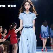 歐迪惠（Oudihui）時(shí)尚氣質(zhì)套裝女2026夏季休閑褲女裝新款短袖襯衫高腰闊腿褲兩件套 淺藍上衣 2XL