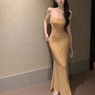 九寸陽(yáng)光亮閃閃水鉆吊帶連衣裙女純欲性感修身魚(yú)尾顯身材緊身包臀裙子 L