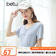 betu百圖女裝氣質(zhì)V領(lǐng)多色條紋T恤針織短袖T2104T17 藍白條 S