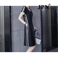 JPN香港潮牌休閑運(yùn)動(dòng)連衣裙女2025新款夏v領(lǐng)拼接條紋口袋遮肚T恤裙子 黑色 XL 120-130斤