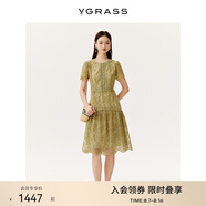 VGRASS女裝連衣裙2025年夏季新款蕾絲刺繡圓領(lǐng)短袖收腰顯瘦高級感連身裙 檀綠色 XS