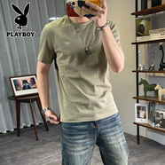 花花公子（PLAYBOY）冰絲棉麻短袖T恤男輕奢三角標(biāo)體恤休閑潮上衣 豆綠 M 90-115斤