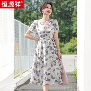 恒源祥媽媽夏裝印花裙子洋氣2025新款顯年輕中年女士夏日短袖遮肉連衣裙 灰藍(lán)色 L (96斤以下)