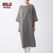 無印良品 MUJI 女式 法國亞麻水洗 七分袖連衣裙 412688 BCL06C1S 卡其米色 M