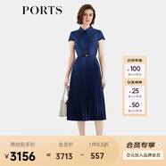 PORTS寶姿女裝春夏新款通勤襯衫領(lǐng)拼接百褶收腰短袖中長(cháng)連衣裙 丈青 M (6)