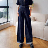 粉紅大布娃娃寬松休閑牛仔外套闊腿褲套裝 深牛仔藍色 長(cháng)褲 S