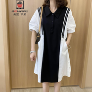 AEMAPE大碼休閑通勤POLO領(lǐng)連衣裙女2025夏季新款胖MM遮肉顯瘦拼條紋裙子 白色 4XL -145-155斤