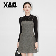 XAQ高端套裝女秋冬款名媛氣質(zhì)小香風(fēng)精致連衣裙針織打底配吊帶毛呢裙 黑色 S