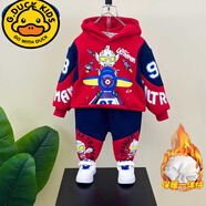 G.DUCKKIDS奧特曼衣服男童秋冬季套裝新款兒童酷帥亮燈冬裝寶寶衛(wèi)衣潮酷 紅色【印花飛機套裝】款 加絨 100cm