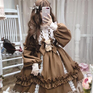 閃動(dòng)少女（SHANDONGSHAONV）洛麗塔裙子全套女2020新款Lolita公主裙學(xué)生洋裝連衣裙OP長(zhǎng)袖正新 咖啡色連衣裙+胸前蝴蝶結(jié)和小熊仔 M （小碼）