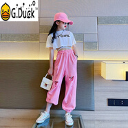 G.DUCKKIDS爵士舞服裝女童學(xué)生夏季潮流時髦街舞套裝兒童韓版女孩走秀舞蹈服 白色T恤+粉色褲子 150 cm