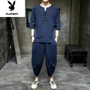 花花公子（PLAYBOY）亞麻短袖t恤男套裝中國(guó)風(fēng)佛系唐裝夏季復(fù)古風(fēng)禪茶漢服棉麻兩件套 藏青色【套裝】 4XL