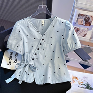 Radinka2025夏新款襯衫女設計感上衣寬松T恤ins蕾絲拼接雪紡襯衣BLS 波點(diǎn)時(shí)尚洋氣襯衫淺藍色 L