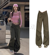 軍綠色工裝褲女2025春夏辣妹痞帥美式覆古小個(gè)子闊腿爵士傘兵褲 軍綠色長(zhǎng)褲-【店鋪款】 M