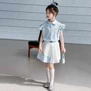 冠琪亮寶貝女童套裝學院風裙子2025新款夏季洋氣襯衫百褶裙兩件套兒童裝夏裝 藍色 130