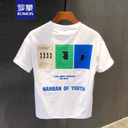 羅蒙（ROMON）白色夏季新款短袖t恤男士修身韓版潮牌百搭休閑時(shí)尚復(fù)古印花體恤 白色 XL 135-150斤