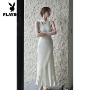 花花公子新款夏季長(cháng)裙感收修身收腰顯瘦打底中長(cháng)款針織無(wú)袖百褶連衣裙 官方旗艦白色 M 建議95-108斤