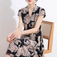 金菊【真絲雙縐】2025夏季短袖V領系帶中長款印花通勤桑蠶絲女連衣裙