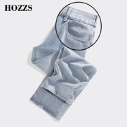 漢哲思Hozzs/漢哲思牛仔褲男款美式水洗高街微喇褲子夏天寬松休閑長褲男 -淺藍色 S