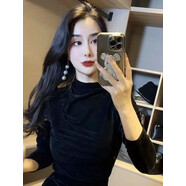翱笛法式氣質(zhì)半高領(lǐng)長袖絲絨T恤女秋百搭褶皺修身顯瘦打底衫內(nèi)搭上衣 黑色 S[建議80-100斤] 均碼