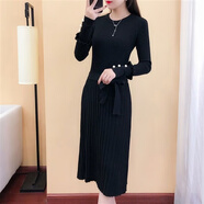 蘭伶坊女裝長(zhǎng)款針織連衣裙長(zhǎng)袖毛衣裙2024春季新款時(shí)尚秋冬打底毛線裙子 黑色_如圖95cm S _建議95斤以下