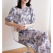 專(zhuān)柜品質(zhì)2025夏季新品三宅高端褶皺法式田園風(fēng)清新甜美印花連衣裙 黑色印花 均碼