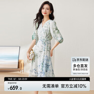尚都比拉[100%桑蠶絲]夏季短袖真絲連衣裙女V領(lǐng)高級(jí)感氣質(zhì)印花裙 花色 XL