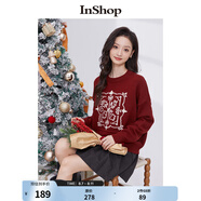 InShop【商場(chǎng)同款】新款少女感別致提花毛衣女款溫柔泡泡袖上衣 復(fù)古紅色 均碼