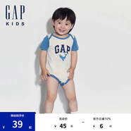 Gap嬰兒夏季純棉印花撞色短袖連體衣兒童裝包屁衣505609 米色505583 90cm (18-24月)亞洲尺碼