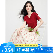熙世界sllsky夏日絕美套裝穿搭女抽繩收腰短袖上衣碎花a字半身裙兩件套 玫瑰紅 XL