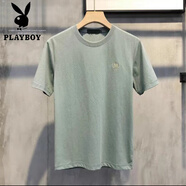 花花公子夏季新款ins圓領(lǐng)純棉短袖男T恤韓版純色字母印花修身百搭半袖上衣 小M標印花純棉款-豆綠 M 建議90-110斤