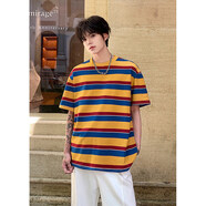 杜小閑條紋撞色短袖t恤男夏季薄款美式復古潮牌半袖寬松痞帥青少年體恤 黃色 2XL [推薦140-160斤]