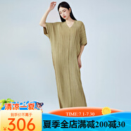 SHXI三宅褶皺歐美連衣裙大碼夏季胖mm金屬寬松v領優(yōu)雅禮服長裙子 金咖色 均碼