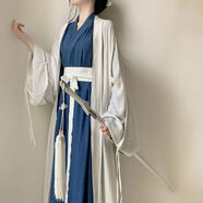 漢服中國風(fēng)直裾全套女古裝衣服古風(fēng)舞蹈改良裙子魏晉風(fēng)大袖衫套裝 奶白色大袖衫+藍(lán)色直裾（送腰封 XS