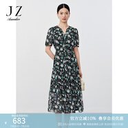 玖姿·安娜蔻輕熟風(fēng)印花雪紡輕薄收腰蛋糕裙連衣裙女2024夏款 花咖啡 M