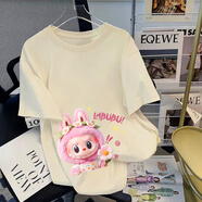 一寸相思拉布布聯(lián)名白色短袖t恤女2025新款爆款夏季寬松大碼體恤純棉上衣 杏色-毛絨labubu S (85-100斤)