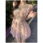 蕓蕁裙子女夏季2025新款純欲風(fēng)粉色刺繡花朵吊帶連衣裙女夏季海邊度假 粉色吊帶裙(短款) S 【建議80-95斤】