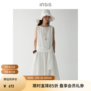 INSISFEMME【小桃同款】棉質(zhì)2025夏季款腰部挽結(jié)抽褶不對稱下擺無袖連衣裙女 格陵蘭白 L
