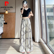 皮爾卡丹（pierre cardin）亞麻闊腿褲女民族風(fēng)格子夏季冰絲薄款高腰顯瘦寬松垂墜感休閑褲子 杏色 常規 S