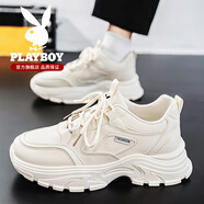 花花公子（PLAYBOY）2025秋季男鞋新品厚底增高老爹鞋子男款青少年皮面運動(dòng)休閑百搭鞋 米色【主圖款】 41