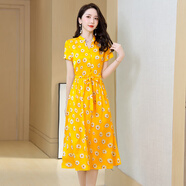 i-O-J重磅真絲桑蠶絲連衣裙夏中長(cháng)款2025年款修身收腰大牌碎花過(guò)膝裙子 黃色 XL